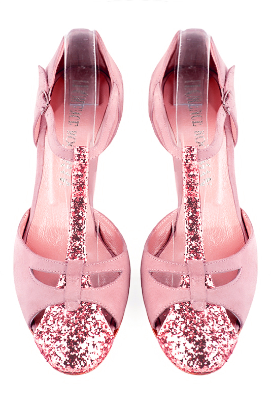 Carnation pink women's T-strap open side shoes. Round toe. Medium block heels. Top view - Florence KOOIJMAN